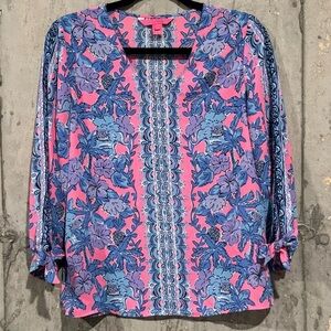 Lilly Pulitzer XS Soleil Pink Palm Paradise Pamala Lileeze Blouse Preppy Resort